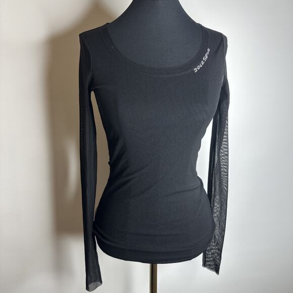 Vintage Y2K Mesh Long Sleeve Sheer Top Size M Rhinestone Black Goth Grunge Italy - Picture 1 of 11